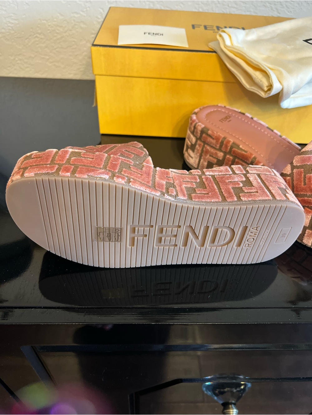 Fendi Pink and Cream FF Logo Velvet Platform Slides - Picture 3 of 4